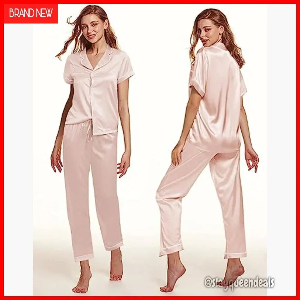 Silk Satin Pajama Set Short Sleeve Button Down Loungewear Sleepwear